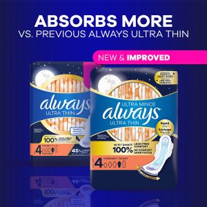 Always Ultra Thin Size 4 Overnight Pads With Wings, Unscented